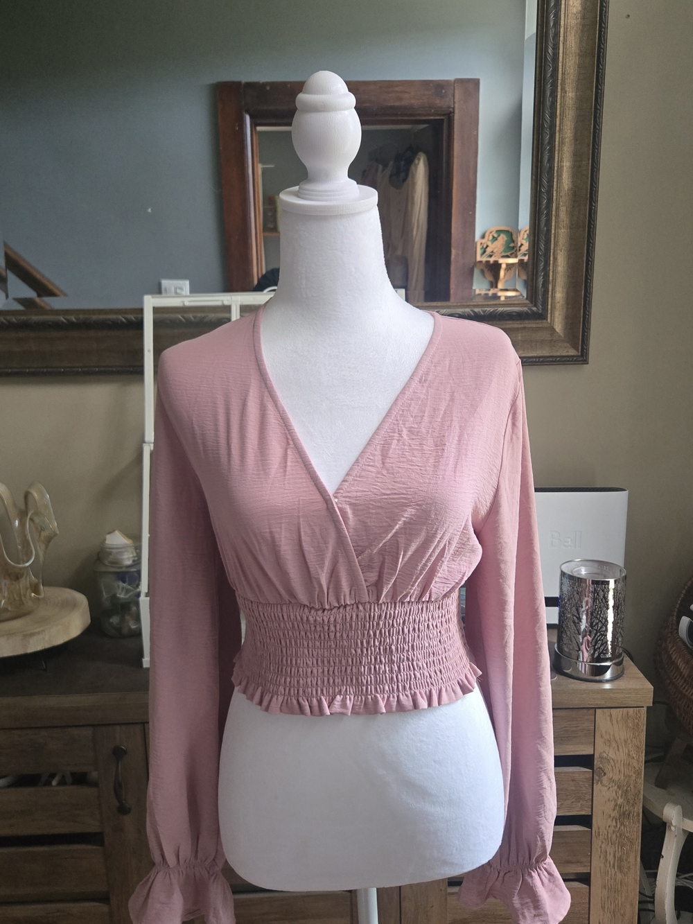 Altar'd State Dusty Rose Smocked-Waist Wrap Crop Top
